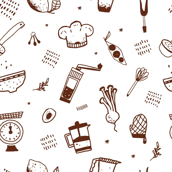 Cucina modello senza soluzione di continuità, stile doodle, ristorante caffè, chef, coltello struttura di cottura — Vettoriale Stock