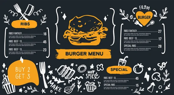 Burger menu with doodle icons and sketch burger, food background, chackboard cafe design, grill brochure, cooking flyer — Stock Vector