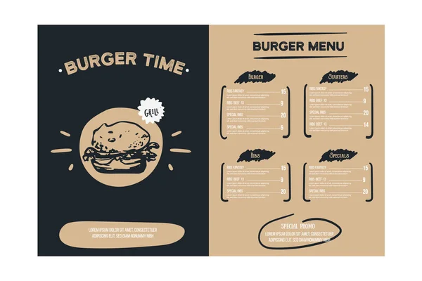 带有涂鸦图标和素描汉堡的汉堡菜单、食品背景、棋盘式咖啡店设计、烧烤手册、烹调传单 — 图库矢量图片
