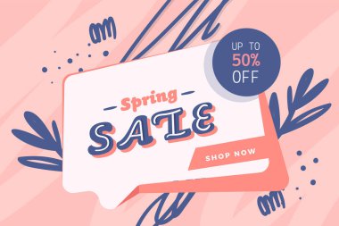 Modern bahar satışı afişi, çağdaş arkaplan, yapraklı vektör şablonu, soyut renk çerçeveli indirimli promosyon