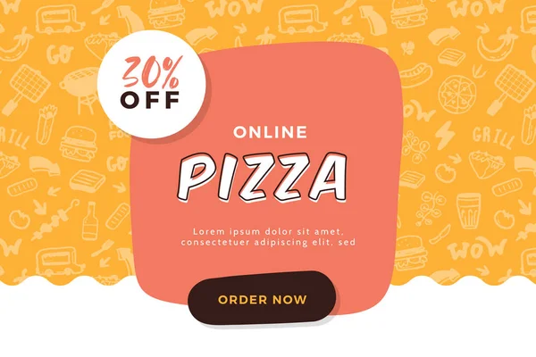 Pizza online order doodle banner με εικονίδια σχάρα, burger, προώθηση του σχεδιασμού, εστιατόριο πρότυπο με μοτίβο — Διανυσματικό Αρχείο