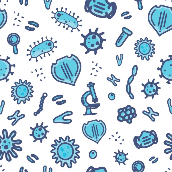 Bacteriën naadloos patroon, schets doodle coronavirus illustratie, geïsoleerd micro-organisme, vector ameba — Stockvector