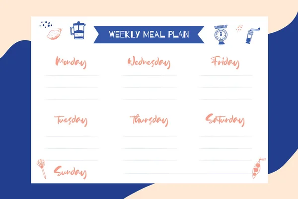 Planeador de refeições na semana, plano alimentar diário. Lista de diário de dieta, organizador semanal, página A4 para impressão —  Vetores de Stock