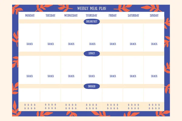 Planeador de refeições na semana, plano alimentar diário. Lista de diário de dieta, organizador semanal, página A4 para impressão —  Vetores de Stock