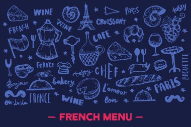 Fransız sancak tasarımı, karatahtadaki Fransa desenli çerçeve, karalama el yapımı kruvasan, Paris dekorasyonu, kafe afişi.