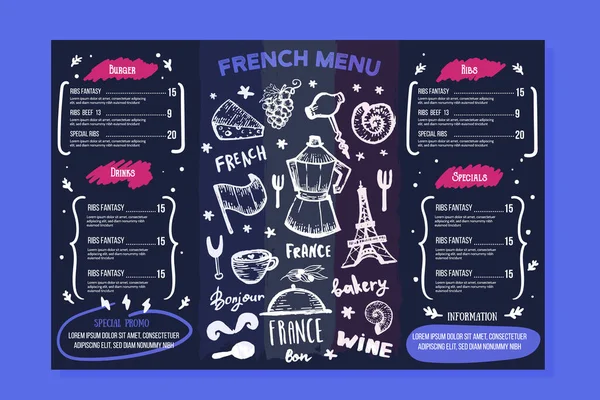 Design de menu de padaria francesa em quadro de chalkboard, quadro de frança, doodle mão desenhado croissant, decoração paris, banner café — Vetor de Stock