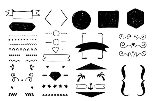 Set de décoration Doodle pour la création de devis, collection d'ornements rugueux, bordures, séparateurs de cadres avec étiquettes, arrière-plans et icônes — Image vectorielle