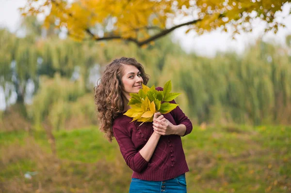 Mujer joven y rizada con hojas en las manos otoño —  Fotos de Stock