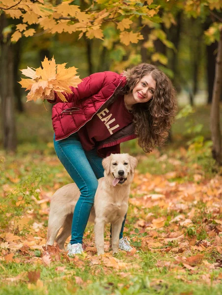Młoda kobieta piękne tulenie golden retriever pies — Zdjęcie stockowe