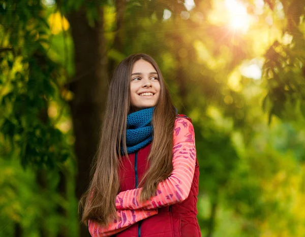 Portret van mooi meisje op de achtergrond geel bladeren — Stockfoto