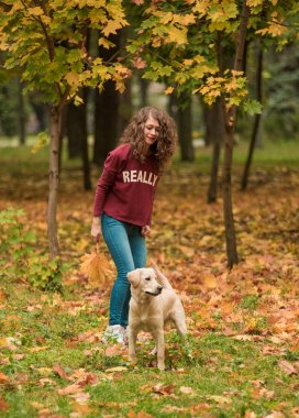 Şirin golden retriever köpek ile gülümseyen güzel kadın