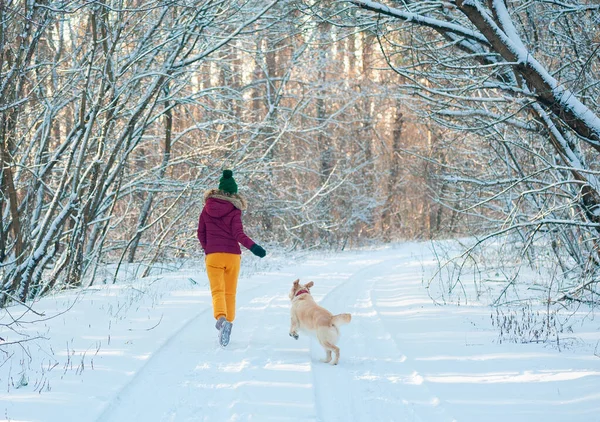 Νεαρή γυναίκα με το σκυλί για το χειμώνα με τα πόδια τρέξιμο — Φωτογραφία Αρχείου