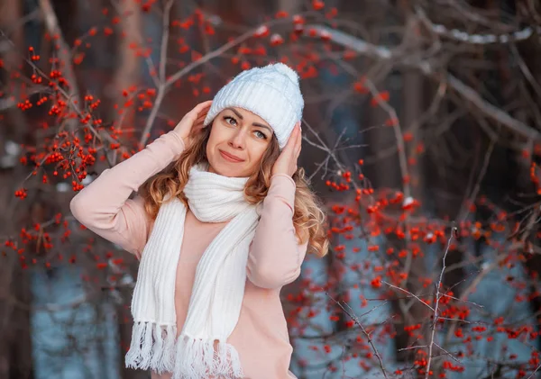 Красуня жінка позує тепло одягнена в сонячний день зими — стокове фото