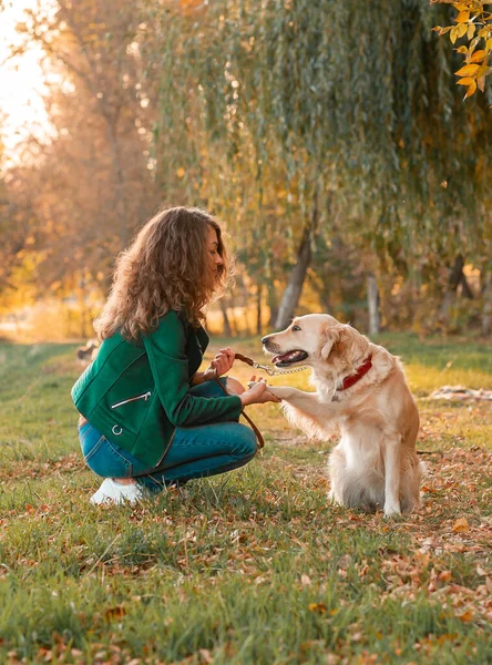 在公园里和她的狗一起玩黄金猎犬的年轻女人 — 图库照片