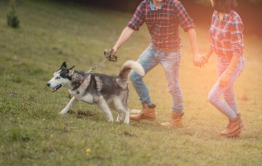 Genç ve şık bir çift parkta köpek köpeğiyle birlikte duruyor, kadın ve erkek birlikte mutlu bir aile, boğuk, yaz tarzında. Romantik çift, günlük kıyafetlerini giyiyor..