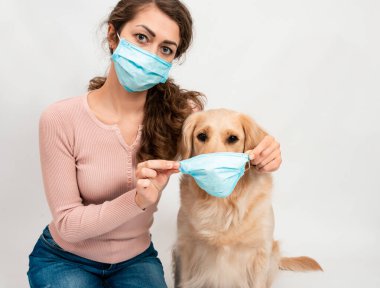 Virüsten korunmak için tıbbi maske takan Golden Retriever köpeği. İlaç, evcil hayvanlar ve salgın hastalık konsepti. Hayvan bakımı hayvan yaşamını evde karantinaya almak