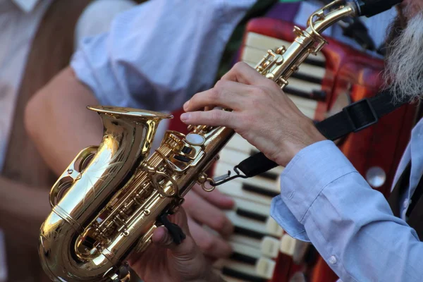 Musikk på gaten, artister og musikere forent i kjærligheten til showet . – stockfoto