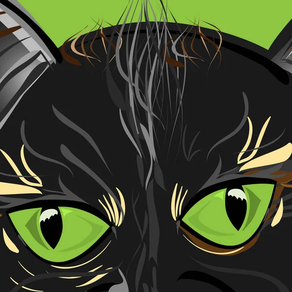 Ilustración vectorial de una cara de gato de cerca con ojos grandes, brillantes y verdes — Vector de stock