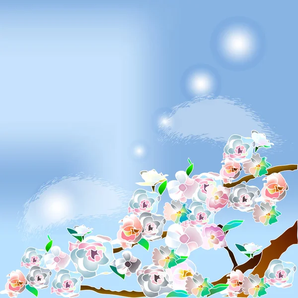 Ilustración vectorial delineada de flores de árbol de sakura en el fondo del cielo con nubes Vector de stock