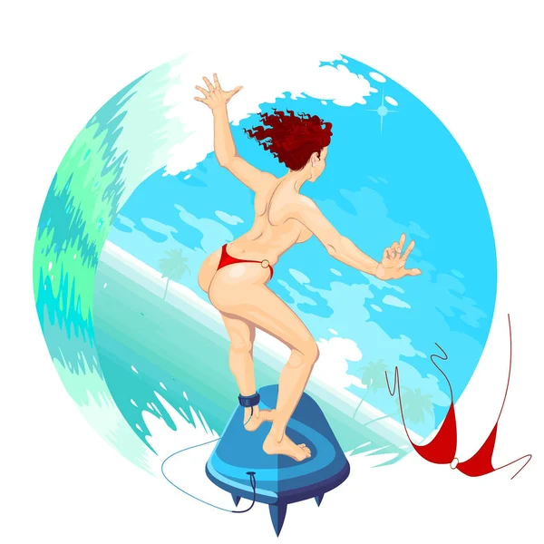 SurferGirl glissant sur les vagues de l'océan — Image vectorielle
