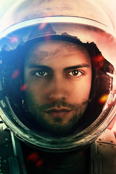 Space mission .Closeup portrait of an Astronaut in outer space
