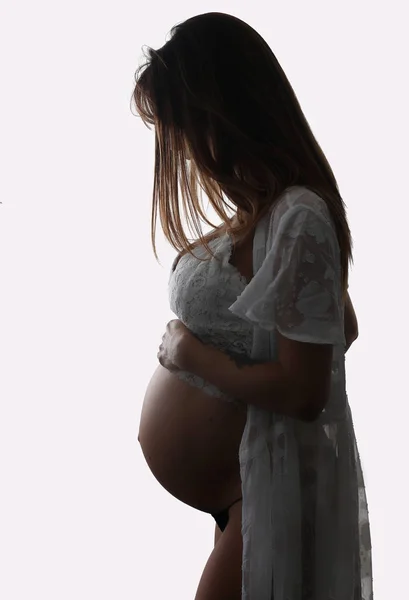 Mulher Grávida Bonita Tocando Sua Barriga Fundo Branco — Fotografia de Stock