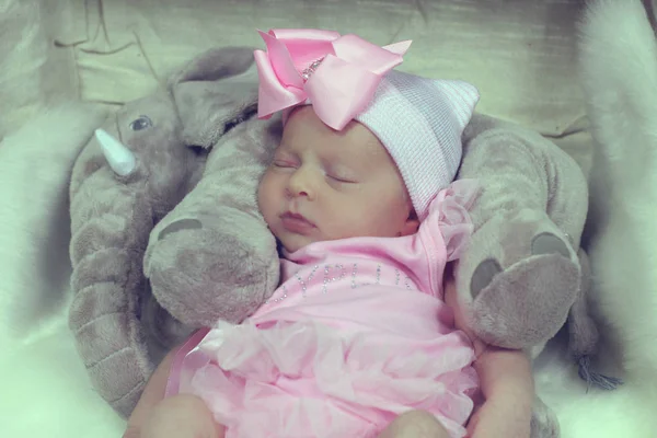 Beautiful Baby Girl Wearing Pink Costume Sleeping Her Teddy — Stock Photo, Image