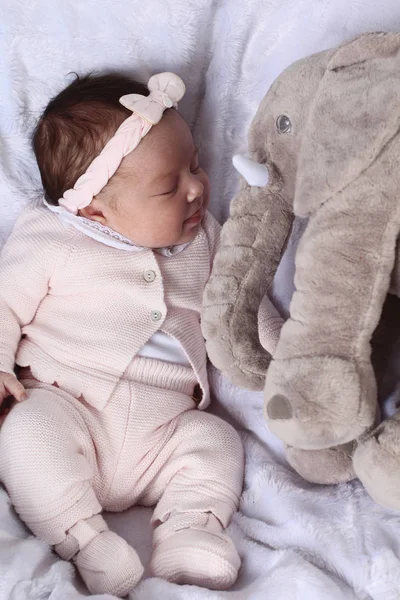 Krásná Holčička Spí Její Teddy — Stock fotografie