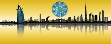Dubai şehrinin ufuk çizgisi simgeleri ve şehrin aşağısında mavi arka plan ve körfez sularında yansımalar gösteriyor. 
