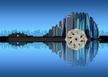 Dubai şehri ve Abu Dabi şehri karışık siluet çizgileri ve şehrin aşağısında mavi zemin ve körfez sularına yansıyan yansımalar. 