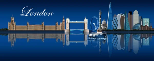 有名なランドマークを描いたロンドンのスカイライン 国会議事堂 ビッグベン タワーブリッジ セントポール大聖堂 その他のビジネスタワー すべての海軍の青い背景に — ストック写真