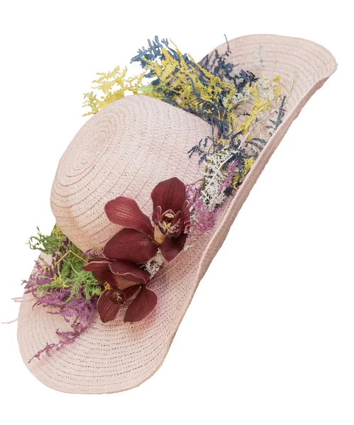 Cappello estivo in paglia con orchidea — Foto Stock