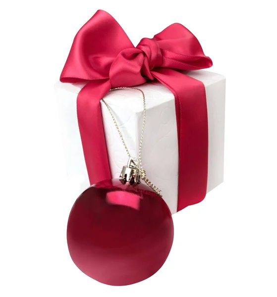 Red christmas ball and white box — Stock Photo, Image