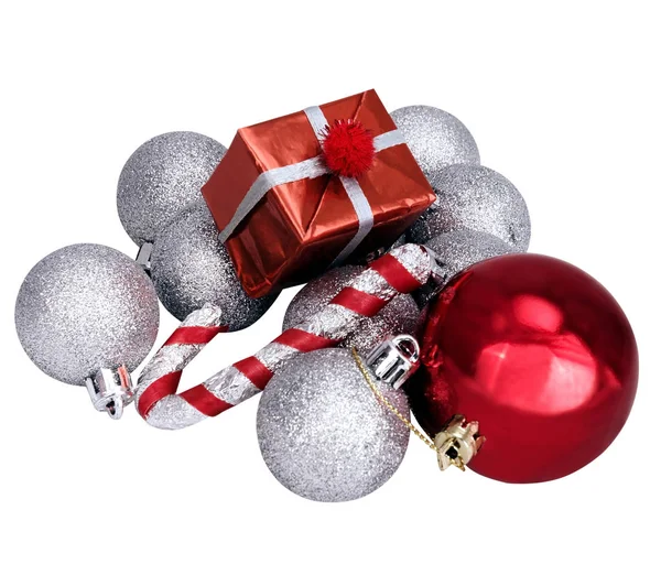 Christmas silver balls and red gifts isolated — Stock Photo, Image