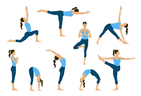 Set van yoga houdingen. Jonge vrouwen doen yoga oefeningen. — Stockvector