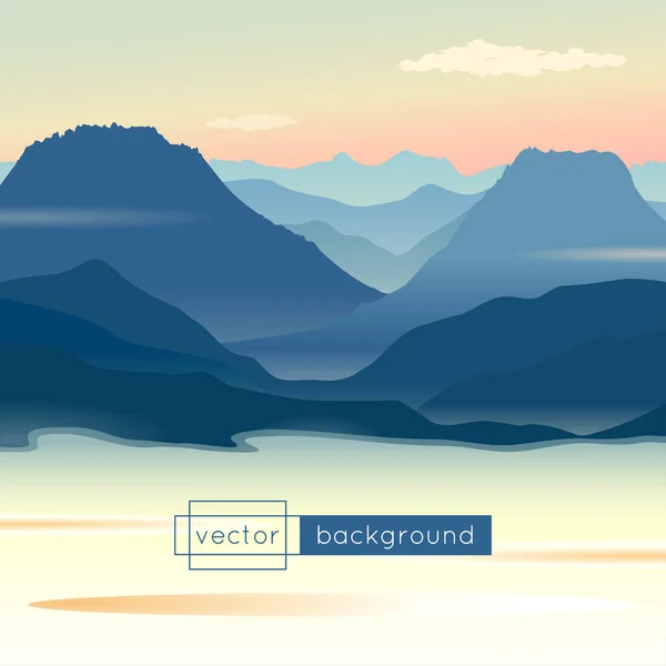 Paisaje vectorial con salida del sol, montañas, lago y nubes en colores degradados — Vector de stock