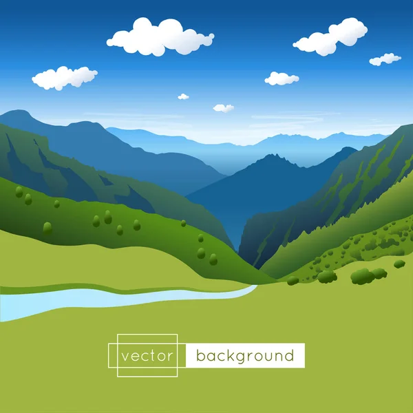 Paysage vectoriel avec ciel bleu, montagnes, rivière et nuages aux couleurs dégradées — Image vectorielle