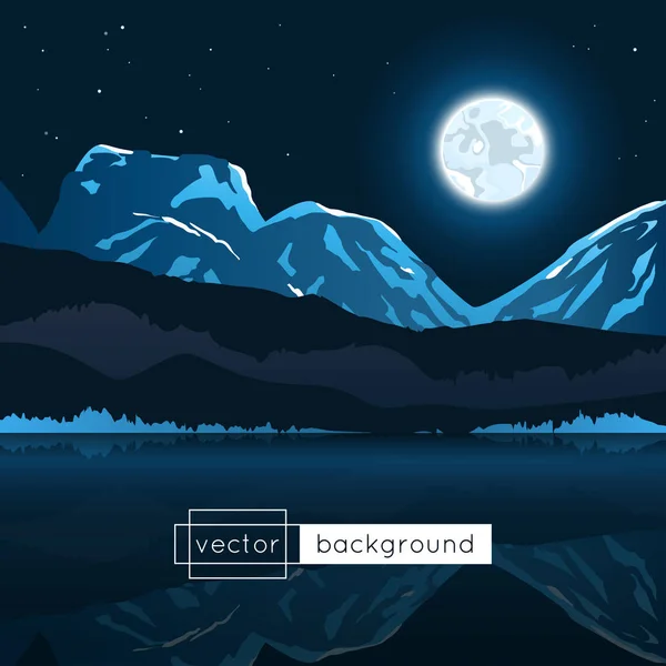 Paysage vectoriel avec lune, montagnes, lac et étoiles dans la nuit — Image vectorielle