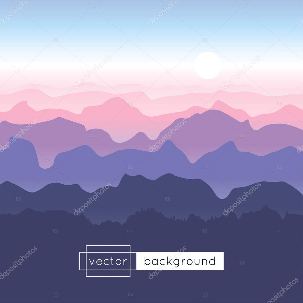 Vector landscape with sunrise, mountains and blue sky in gradient colors