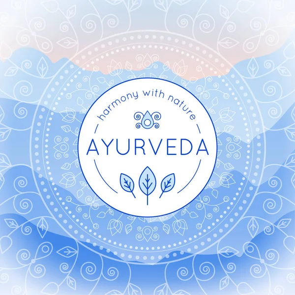 Illustration vectorielle d'Ayurveda avec paysage montagneux, motifs ethniques et exemple de texte — Image vectorielle