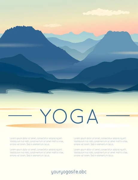 Illustration de yoga vectoriel avec paysage montagneux, lac, lever de soleil et texte échantillon — Image vectorielle