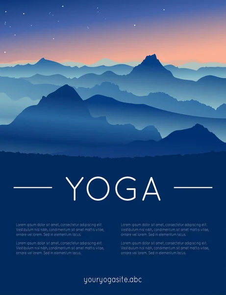 Yoga vectorillustratie met tekst voor het landschap, zonsopgang en voorbeelden van bergen — Stockvector