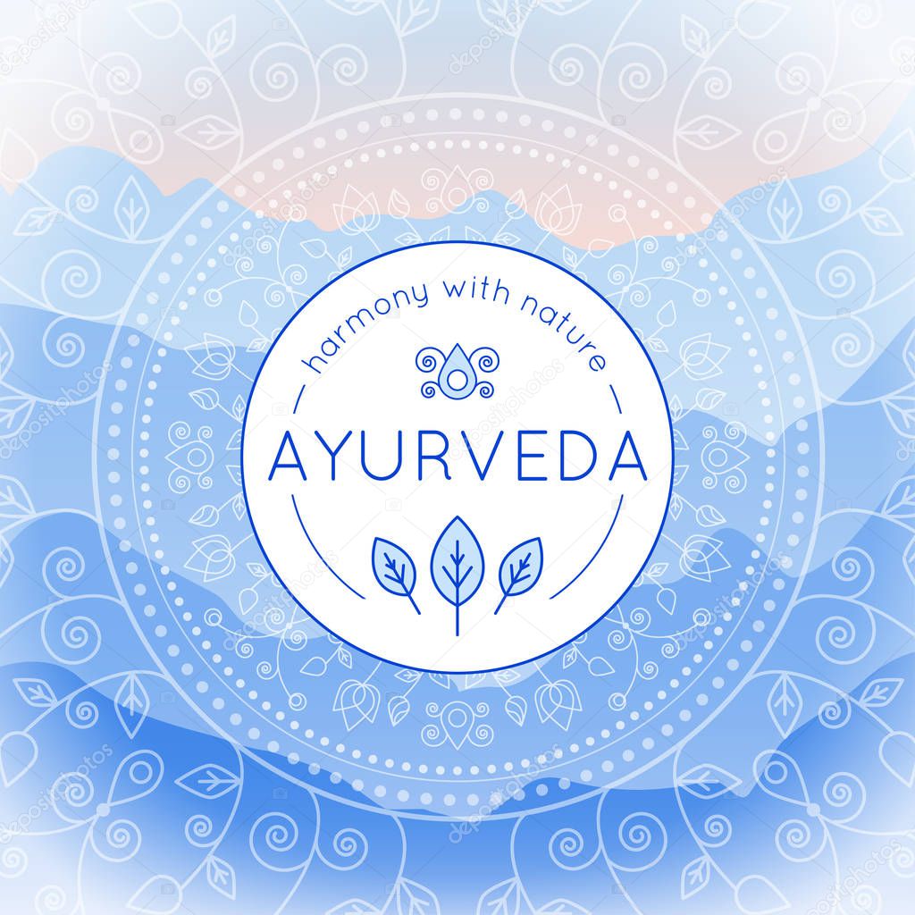 Vector Ayurveda illustration with mountains landscape, ethnic patterns and sample text