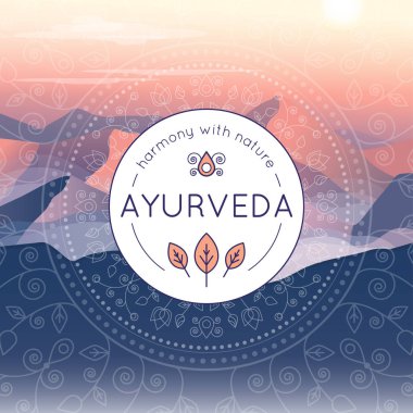 Akşam dağ manzarası, etnik desenler ve örnek metin ile Ayurveda illüstrasyon vektör