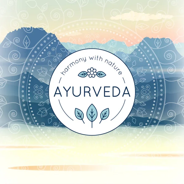 Ilustração do vetor Ayurveda com paisagem montesa da manhã, testes padrões étnicos e texto da amostra — Vetor de Stock