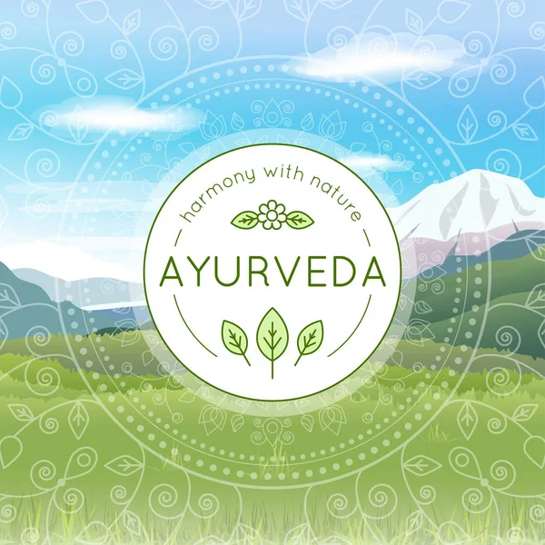 Vector Ayurveda illustration with mountains landscape, ethnic patterns and sample text — Stock Vector