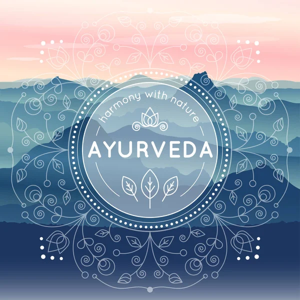 Vector Ayurveda ilustración con paisaje de montaña de la mañana, patrones étnicos y texto de muestra — Vector de stock