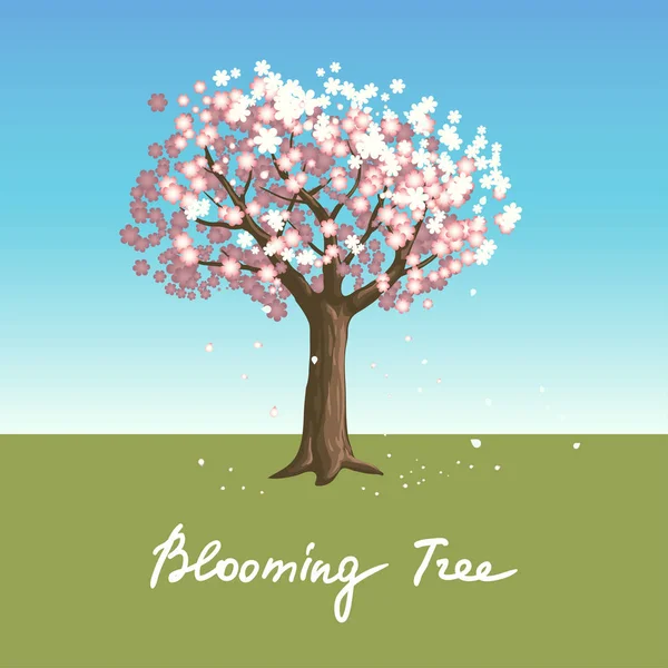 Illustration vectorielle avec arbre à fleurs isolé, ciel bleu, herbe verte et texte manuscrit — Image vectorielle