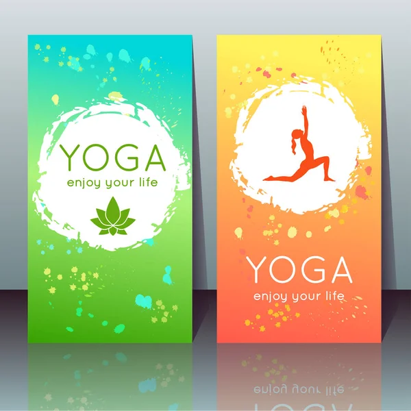 Vector yoga cards with girl in yoga pose, lotus and sample text — Stock Vector