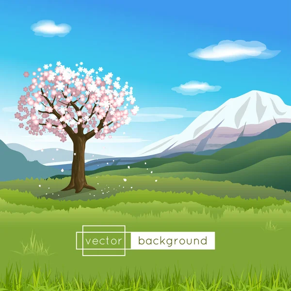 Paisagem vetorial com árvore florescente, montanhas, céu azul, nuvens e grama verde no dia ensolarado da primavera Ilustrações De Stock Royalty-Free